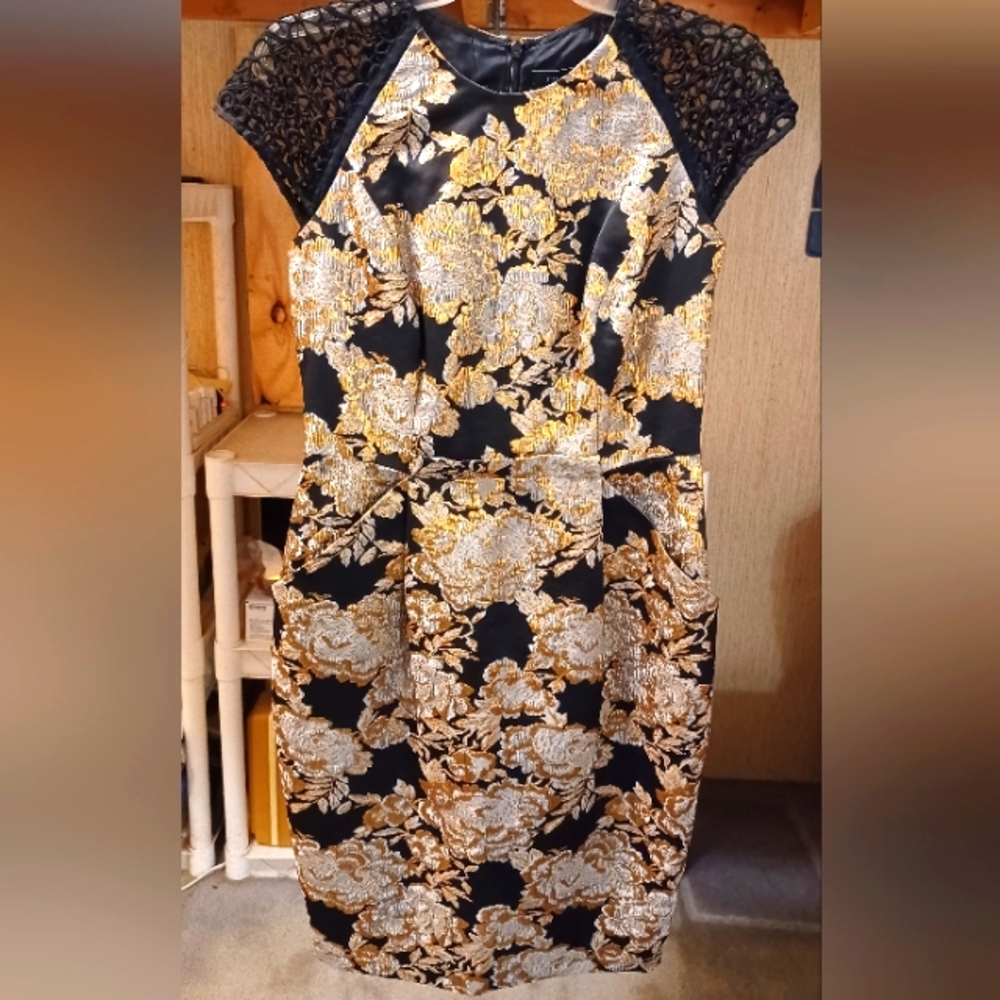 Carmen Marc Valvo Gold Foil Cocktail Dress, See Through Cap Sleeves-Size 8